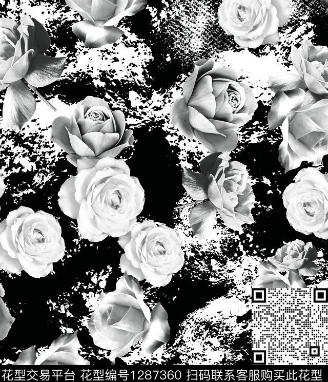 黑白玫瑰.jpg - 1287360 - 玫瑰花 女装 花卉 - 数码印花花型 － 女装花型设计 － 瓦栏