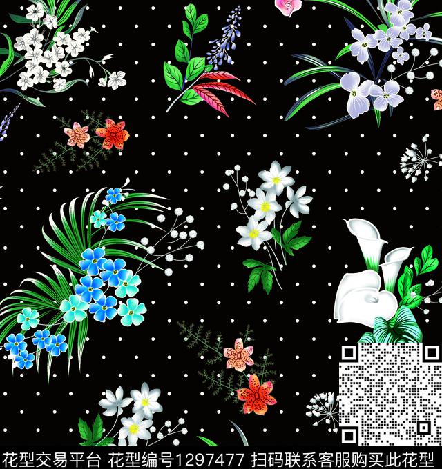 波点花.jpg - 1297477 - 黑底花卉 波点 植物 - 数码印花花型 － 箱包花型设计 － 瓦栏