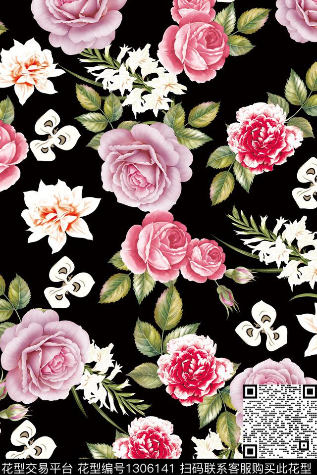 丰富多肉玫瑰花卉黑底.jpg - 1306141 - 数码花型 玫瑰花 花卉 - 数码印花花型 － 女装花型设计 － 瓦栏