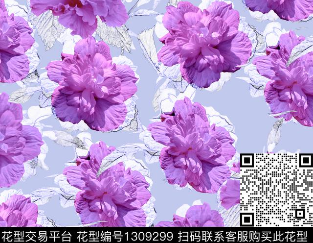 设计-07瓦蓝.jpg - 1309299 - 数码花型 泳装花型 花卉 - 数码印花花型 － 女装花型设计 － 瓦栏