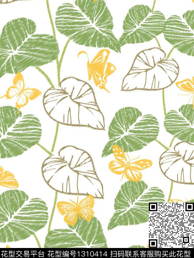 碟寻花.jpg - 1310414 - 线条 花卉蝴蝶 植物 - 传统印花花型 － 床品花型设计 － 瓦栏