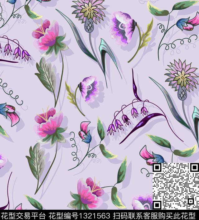 紫色韵味花卉花朵.jpg - 1321563 - 绿植树叶 数码花型 花卉 - 数码印花花型 － 女装花型设计 － 瓦栏