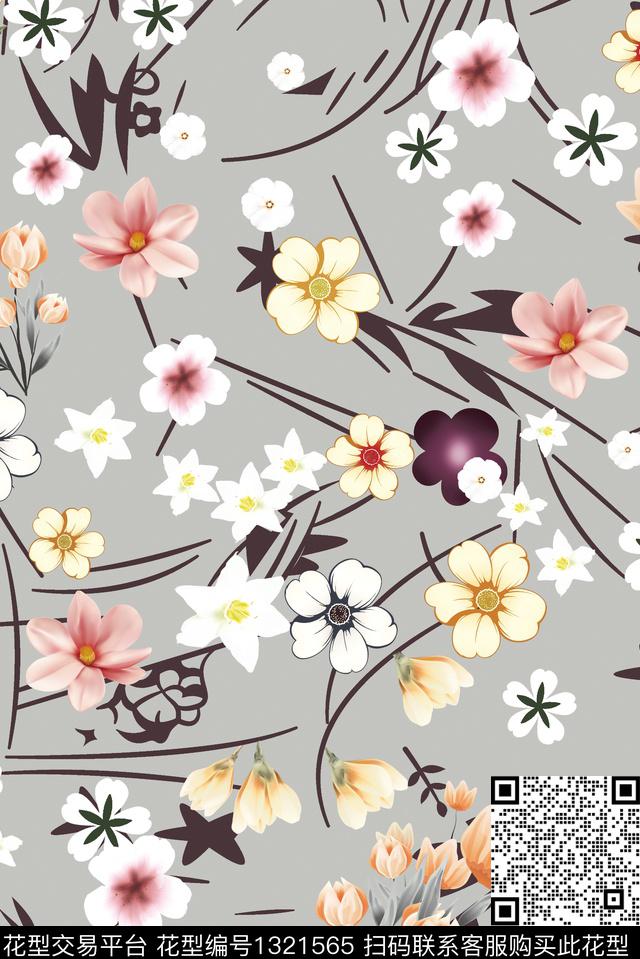欧式手绘灰底花卉.jpg - 1321565 - 数码花型 简约 花卉 - 数码印花花型 － 女装花型设计 － 瓦栏