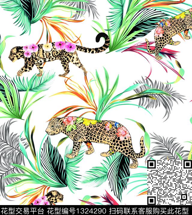 热带植物动物豹子花卉.jpg - 1324290 - 数码花型 简约 花卉 - 数码印花花型 － 女装花型设计 － 瓦栏