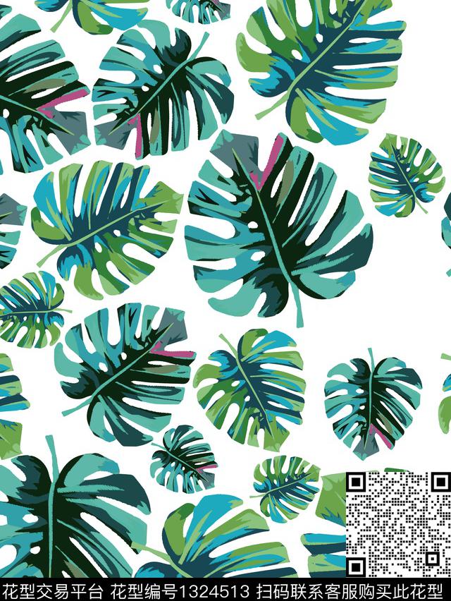 龟背竹.jpg - 1324513 - 简约 植物 龟背竹 - 数码印花花型 － 床品花型设计 － 瓦栏