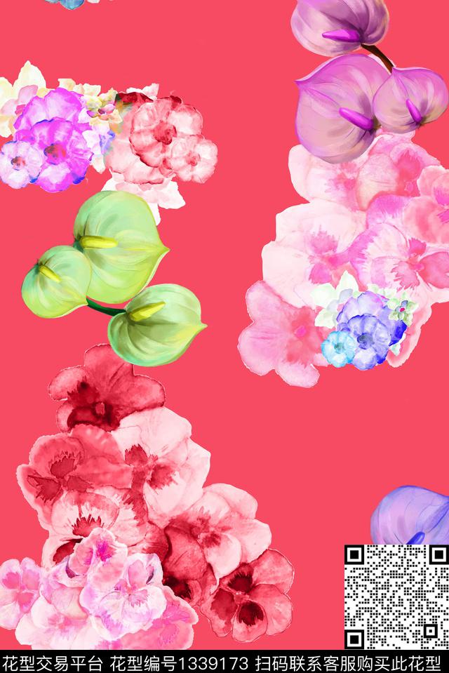 三色堇 红.jpg - 1339173 - 插画 趋势花型 窗帘 - 数码印花花型 － 女装花型设计 － 瓦栏