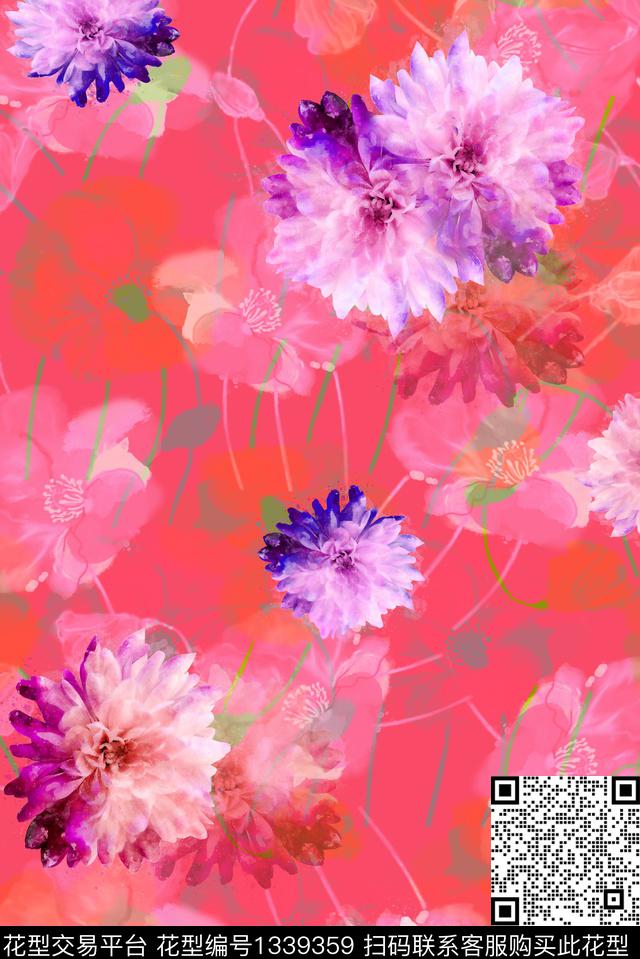 虞美人-红.jpg - 1339359 - 插画 趋势花型 窗帘 - 数码印花花型 － 女装花型设计 － 瓦栏