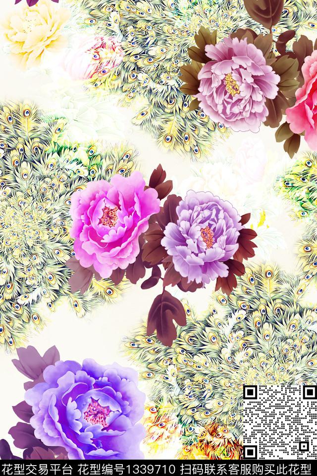 牡丹-白.jpg - 1339710 - 插画 趋势花型 时尚 - 数码印花花型 － 女装花型设计 － 瓦栏