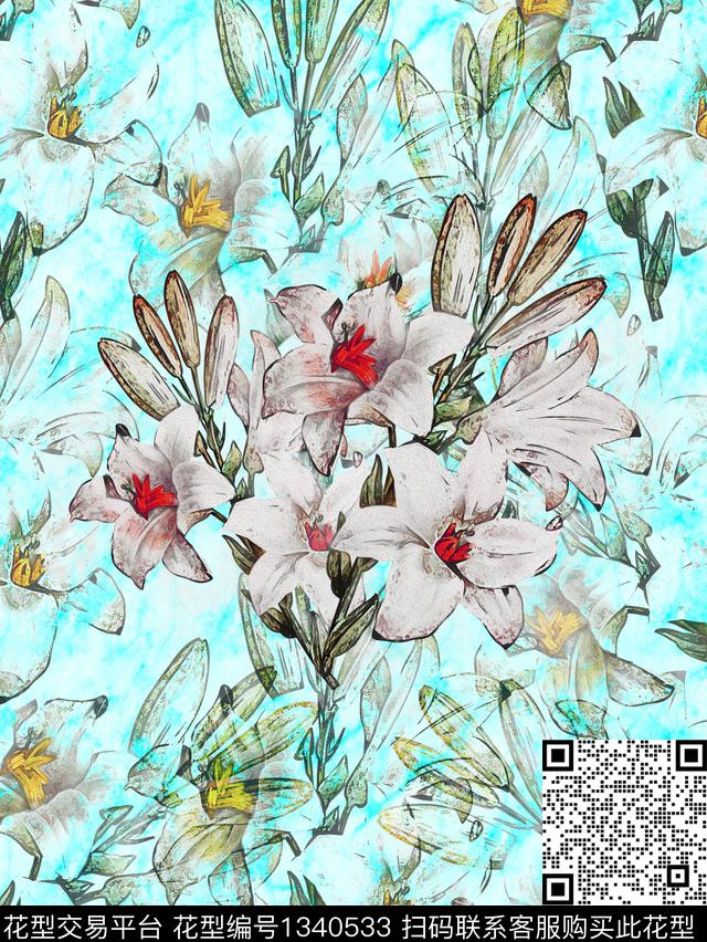独幅-蓝.jpg - 1340533 - 插画 定位花 时尚 - 数码印花花型 － 女装花型设计 － 瓦栏