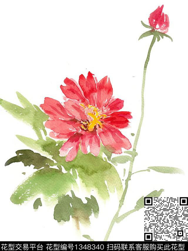 鲜艳的红花1.jpg - 1348340 - 花鸟 水墨风 花卉 - 数码印花花型 － 其他花型设计 － 瓦栏