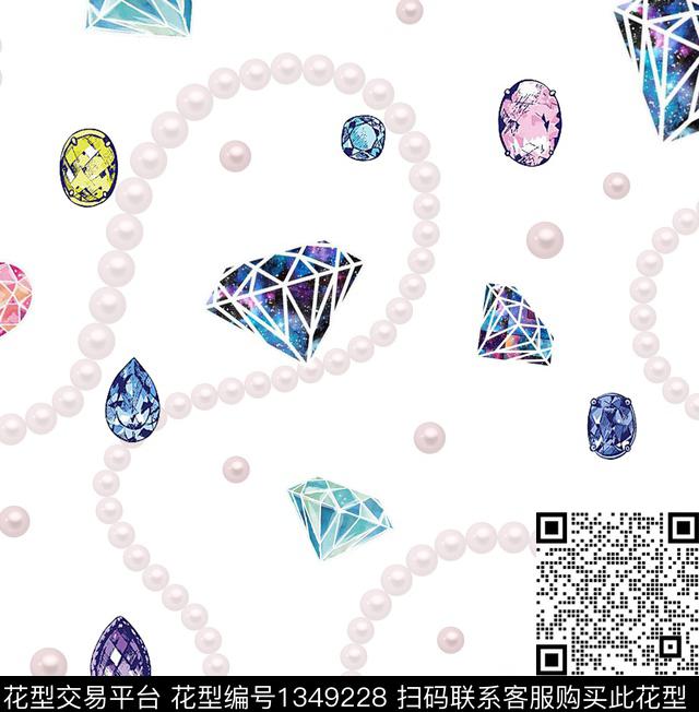 宝石+珍珠.1.jpg - 1349228 - 珠宝宝石 数码花型 水彩 - 数码印花花型 － 女装花型设计 － 瓦栏