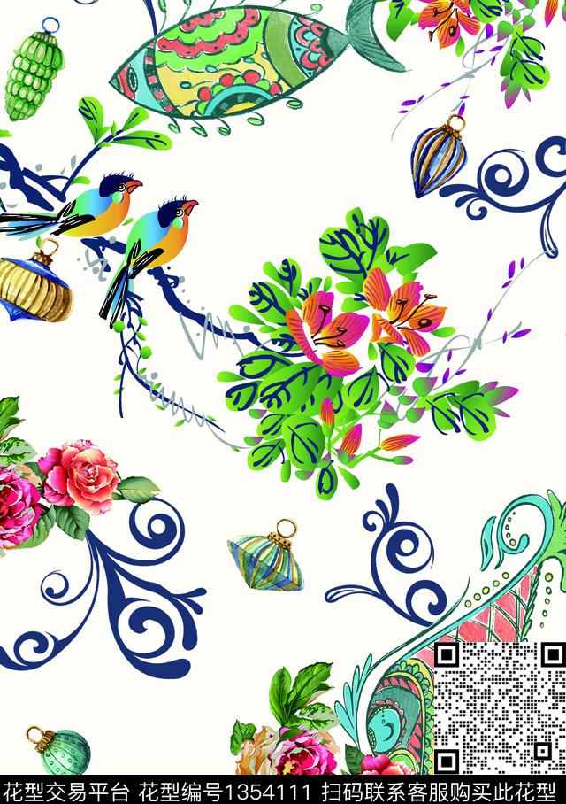 复古水墨花鸟中国风古风.jpg - 1354111 - 提花花型 喜鹊 动物花卉 - 数码印花花型 － 女装花型设计 － 瓦栏