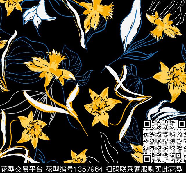 yellflow.jpg - 1357964 - 绿植树叶 花卉 兰花 - 传统印花花型 － 女装花型设计 － 瓦栏