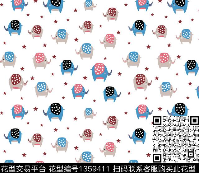 可爱小象.jpg - 1359411 - 可爱 卡通动物 休闲 - 传统印花花型 － 童装花型设计 － 瓦栏