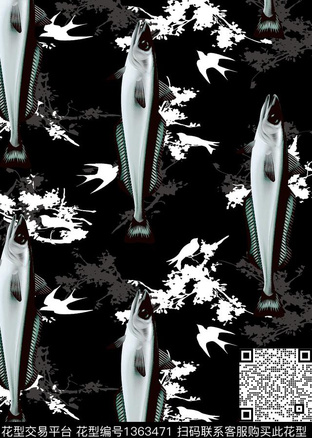 96.jpg - 1363471 - 黑白花型 鲨鱼 喜鹊 - 数码印花花型 － 男装花型设计 － 瓦栏