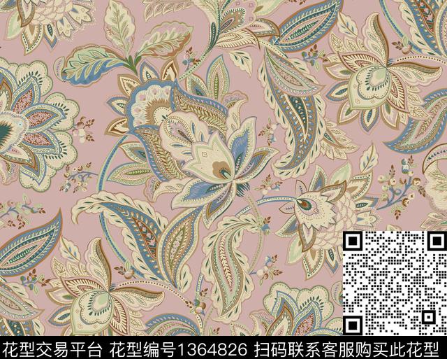 蓝粉佩里斯腰果.jpg - 1364826 - 线条 花卉 佩斯利 - 传统印花花型 － 女装花型设计 － 瓦栏