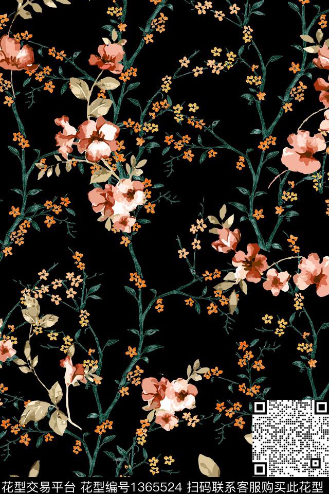 H-204.jpg - 1365524 - 花卉 满版散花 藤蔓 - 数码印花花型 － 女装花型设计 － 瓦栏