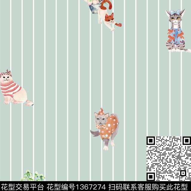 猫.jpg - 1367274 - 猫 条纹 炫彩 - 数码印花花型 － 女装花型设计 － 瓦栏