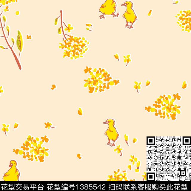 小鸭子.jpg - 1385542 - 插画 动物 花卉 - 传统印花花型 － 童装花型设计 － 瓦栏