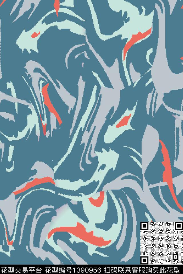 上善若水.jpg - 1390956 - 彩底花卉 波浪纹 蓝色 - 传统印花花型 － 女装花型设计 － 瓦栏