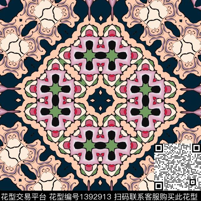 对称的方巾.jpg - 1392913 - 几何 大牌风 抽象 - 数码印花花型 － 方巾花型设计 － 瓦栏
