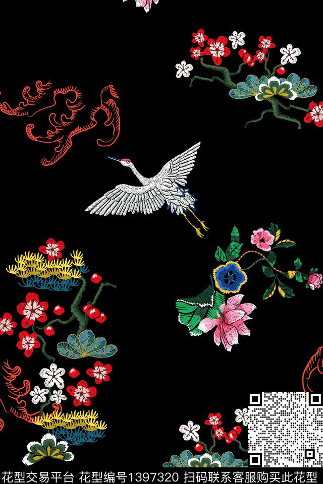 qx1608.jpg - 1397320 - 数码花型 中国 水墨风 - 数码印花花型 － 女装花型设计 － 瓦栏
