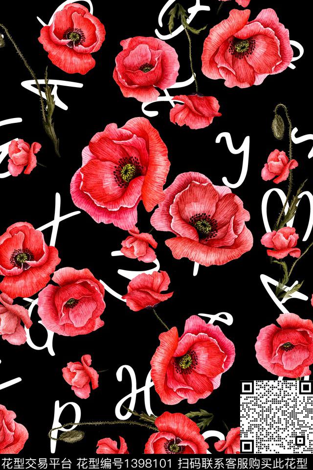 A-2021-01-27.jpg - 1398101 - 时尚 字母 黑底花卉 - 数码印花花型 － 男装花型设计 － 瓦栏