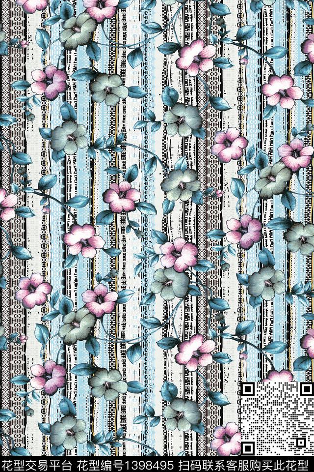 qx1749.jpg - 1398495 - 数码花型 花卉 条纹 - 数码印花花型 － 女装花型设计 － 瓦栏