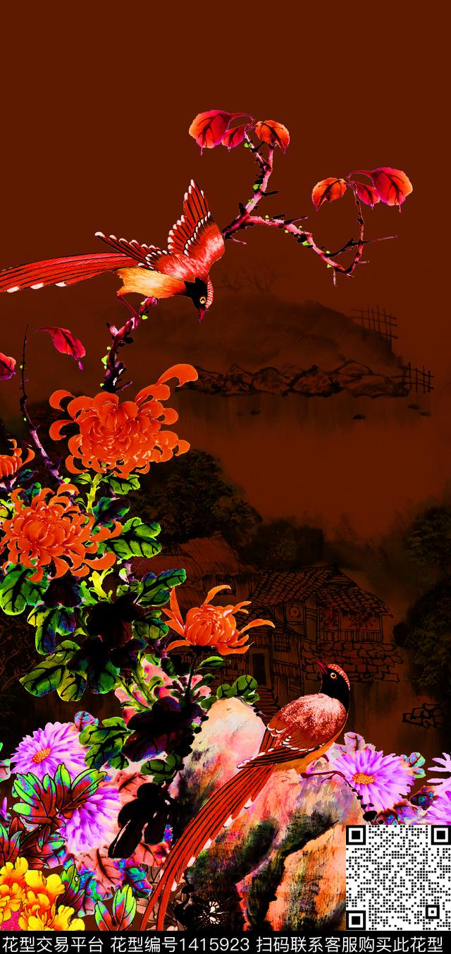 188#.jpg - 1415923 - 花鸟 水墨风 国画 - 数码印花花型 － 女装花型设计 － 瓦栏