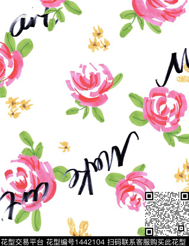 210729涂鸦玫瑰.jpg - 1442104 - 字母 涂鸦 花卉 - 数码印花花型 － 女装花型设计 － 瓦栏