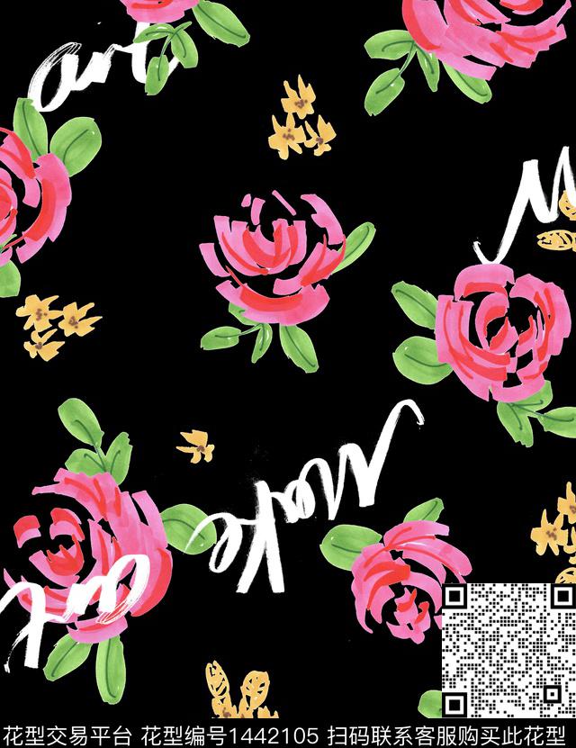210729涂鸦玫瑰黑.jpg - 1442105 - 字母 涂鸦 花卉 - 数码印花花型 － 女装花型设计 － 瓦栏