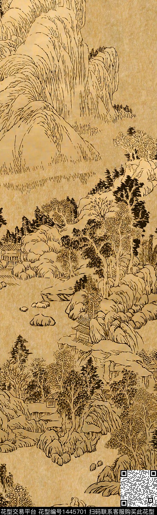 空山新雨后.jpg - 1445701 - 风景定位 复古 国画 - 传统印花花型 － 长巾花型设计 － 瓦栏