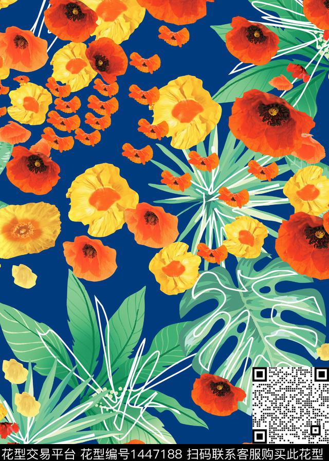 花13.jpg - 1447188 - 红花 绿植树叶 花卉 - 数码印花花型 － 泳装花型设计 － 瓦栏