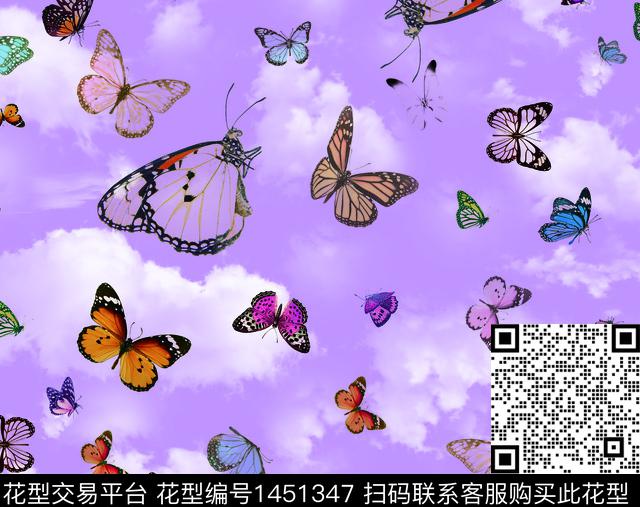 女装-衬衣-蝴蝶-紫色A1.jpg - 1451347 - 花卉蝴蝶 泳装花型 沙滩 - 数码印花花型 － 女装花型设计 － 瓦栏