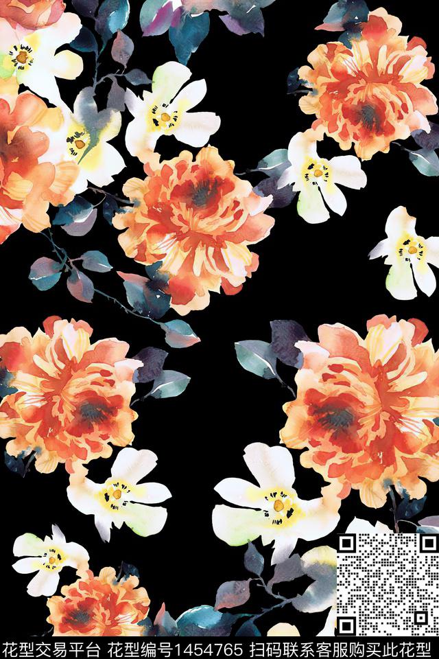 WC01419.jpg - 1454765 - 黑底花卉 绿植树叶 水彩 - 传统印花花型 － 女装花型设计 － 瓦栏