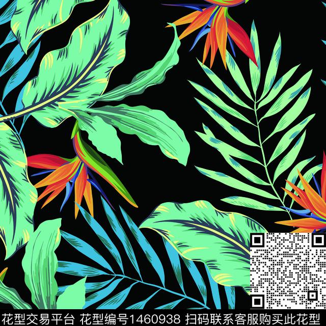 热带1黑.jpg - 1460938 - 绿植树叶 花卉 大牌风 - 数码印花花型 － 泳装花型设计 － 瓦栏