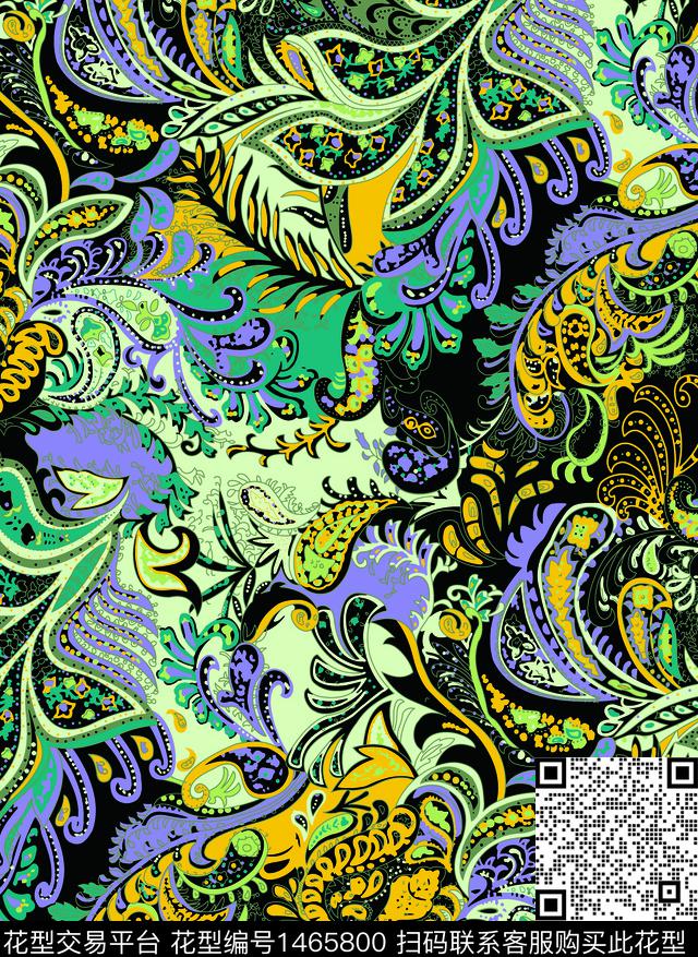 WL轩墨-000037佩斯利绿色组.jpg - 1465800 - 民族风 欧美 创意 - 数码印花花型 － 女装花型设计 － 瓦栏
