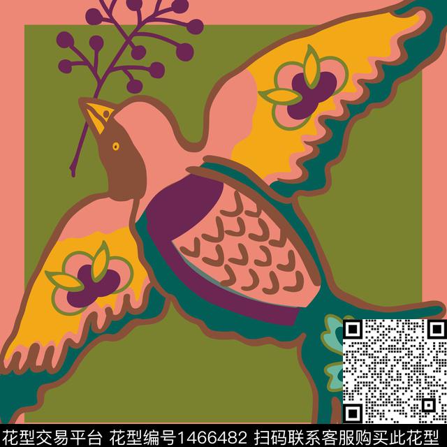 装饰古典花鸟_画板 1 副本 2.jpg - 1466482 - 动物花卉 大牌风 手绘 - 数码印花花型 － 方巾花型设计 － 瓦栏