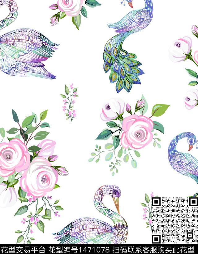 复古彩绘牡丹玫瑰天鹅孔雀花卉.jpg - 1471078 - 鹦鹉 动物花卉 牡丹 - 数码印花花型 － 女装花型设计 － 瓦栏
