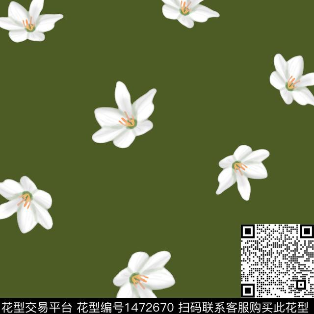 绿底-白花.jpg - 1472670 - 涂鸦 数码花型 花卉 - 数码印花花型 － 女装花型设计 － 瓦栏