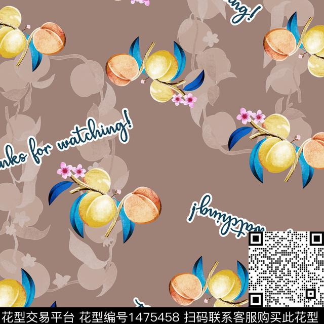 桃子与欢乐.jpg - 1475458 - 插画 写意 字母 - 数码印花花型 － 男装花型设计 － 瓦栏