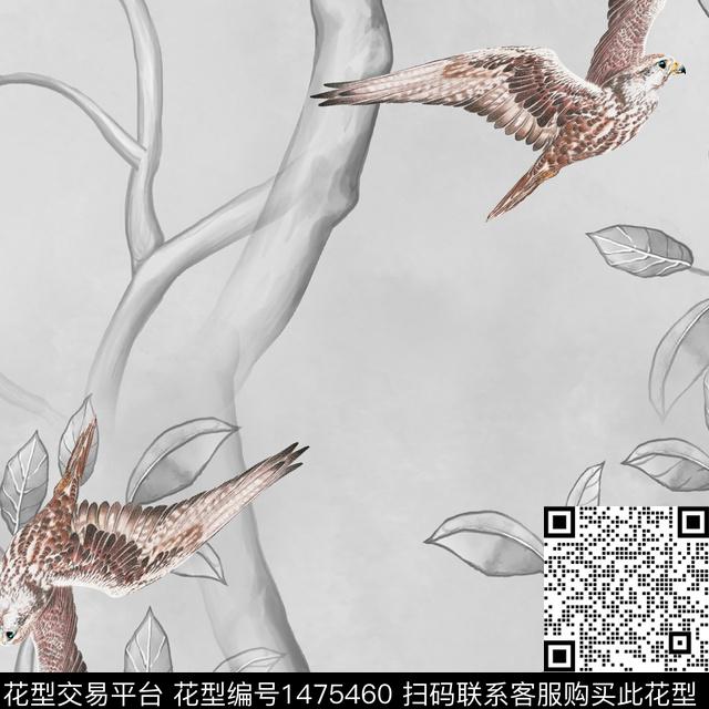 小鹰.jpg - 1475460 - 树林 插画 灰色花 - 数码印花花型 － 男装花型设计 － 瓦栏