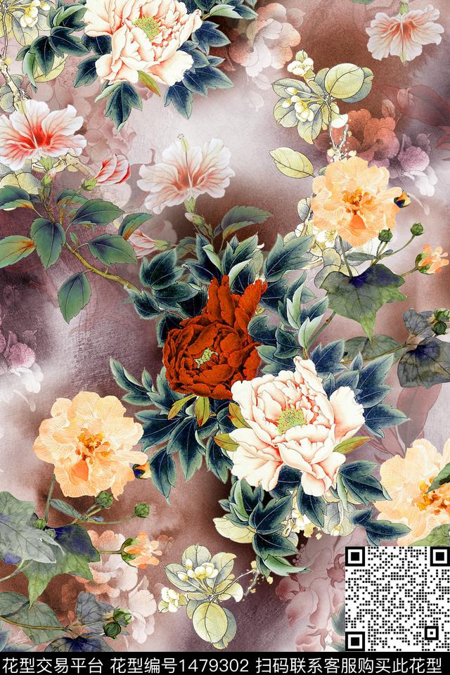 Orst_lu1900A-1.jpg - 1479302 - 花卉 香云纱 真丝 - 数码印花花型 － 女装花型设计 － 瓦栏
