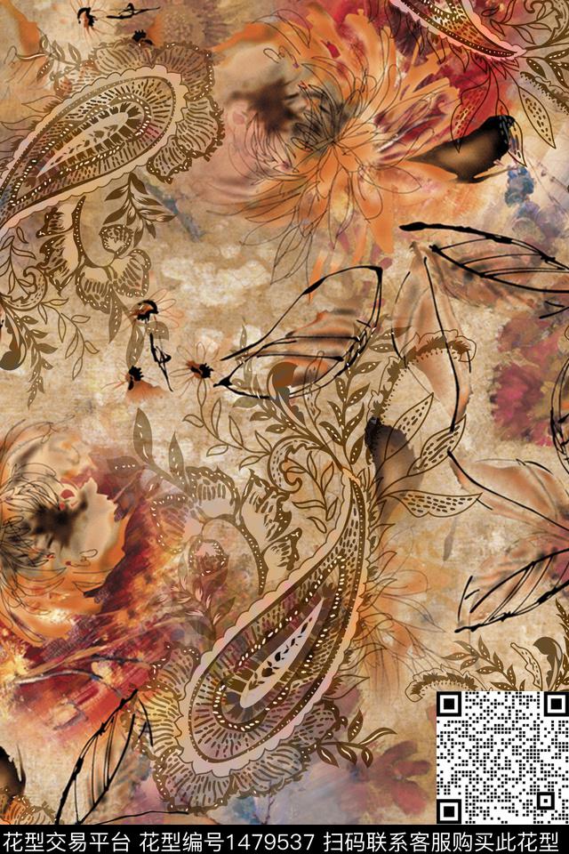 Orst_xx2100J.jpg - 1479537 - 民族风 香云纱 中国 - 数码印花花型 － 女装花型设计 － 瓦栏