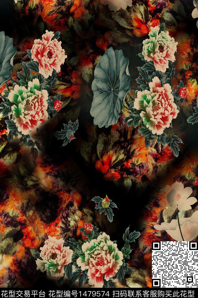 Orst_xx2288L.jpg - 1479574 - 花卉 香云纱 中国 - 数码印花花型 － 女装花型设计 － 瓦栏