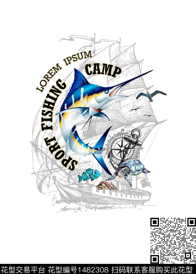 大马林鱼-1.jpg - 1482308 - 帆船 PHILIPP PLEIN 鱼 - 数码印花花型 － 男装花型设计 － 瓦栏