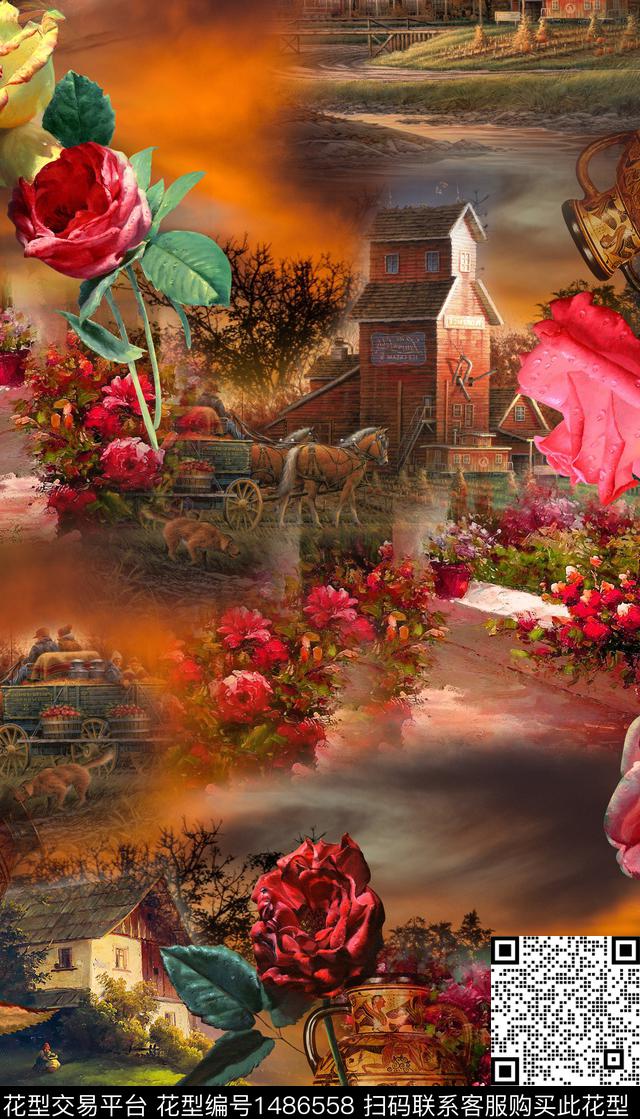 KN171110-1Z.jpg - 1486558 - 玫瑰花 油画花型 风景画 - 数码印花花型 － 女装花型设计 － 瓦栏