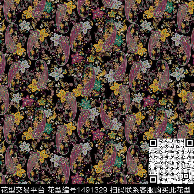 KN180213-5Z.jpg - 1491329 - 黑底花卉 佩斯利 民族风 - 数码印花花型 － 女装花型设计 － 瓦栏