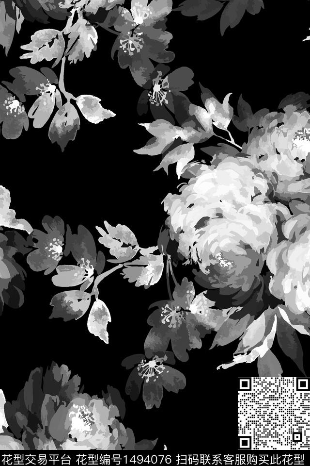黑色大花3.jpg - 1494076 - 黑底花卉 连衣裙 黑白花型 - 数码印花花型 － 女装花型设计 － 瓦栏