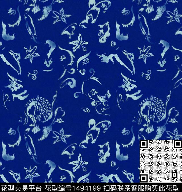 蓝灰扎染.jpg - 1494199 - 民族花卉 扎染花型 花卉 - 数码印花花型 － 女装花型设计 － 瓦栏